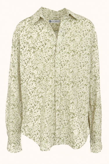 Bustani Limuru Shirt with a green botanical print, shown from the front.