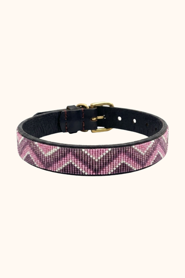 Busia - Pink, Purple & Silver Dog Collar, hand-beaded leather dog collar