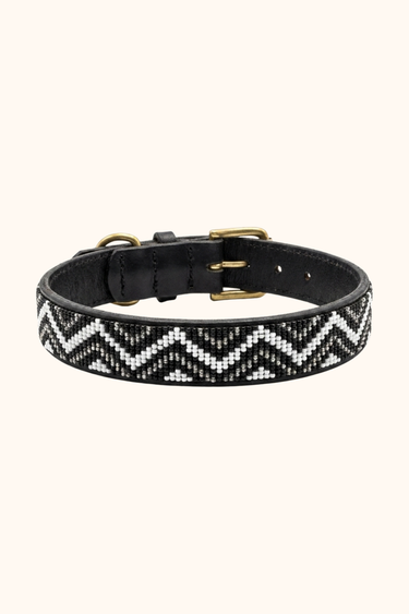 Busia - Black, White & Silver Dog Collar, hand-beaded leather dog collar