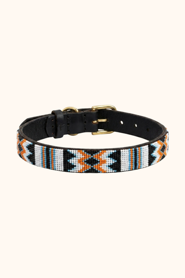 Kikuyu - White, Orange & Black Dog Collar, hand-beaded leather dog collar