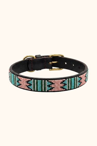 Kilifi - Pink & Turquoise Dog Collar, hand-beaded leather dog collar