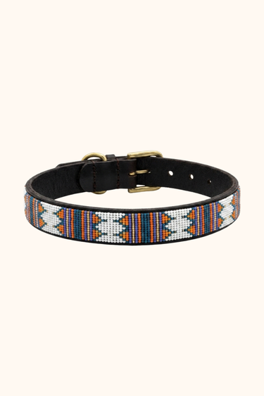 Kilifi - White, Blue & Orange Dog Collar, hand-beaded leather dog collar