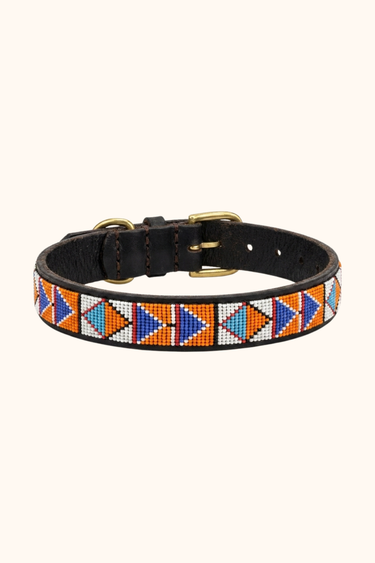 Naivasha - Blue & Orange Dog Collar, hand-beaded leather dog collar