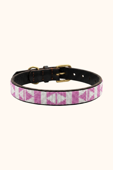 Naivasha - Pink & White Dog Collar, hand-beaded leather dog collar
