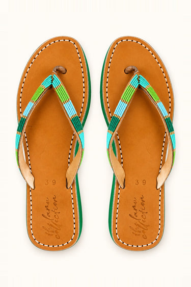 Champali Thick Sole Green sandals with green and blue beaded straps, pair viewed from above