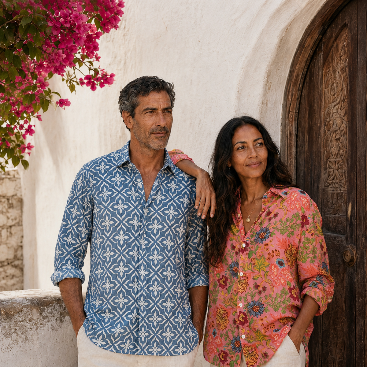Man and woman wearing blue and pink patterned Lamu shirts in a courtyard.