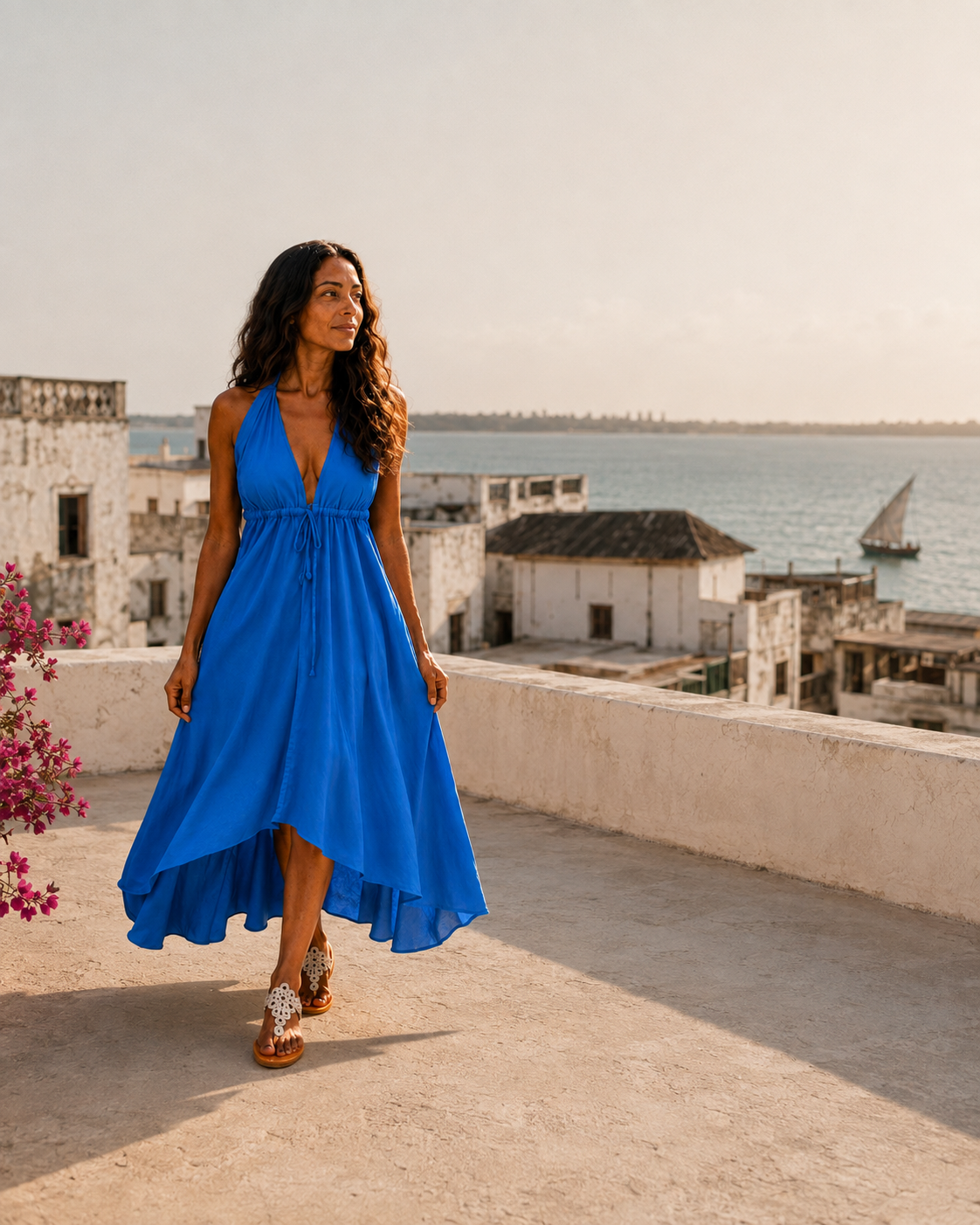 Woman wearing a blue Watamu linen halter dress on a Lamu rooftop.