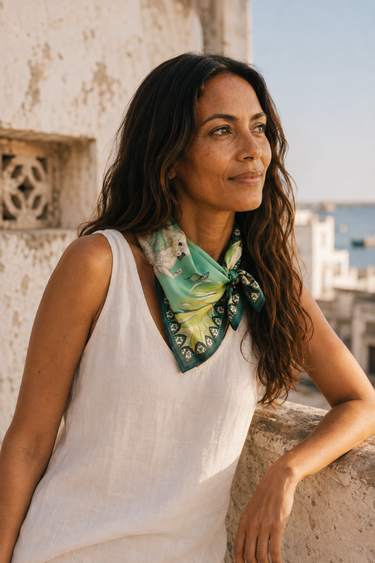 Elysian Yellow & Green Silk Scarf, 50 × 50 cm, worn as a neckerchief in Lamu