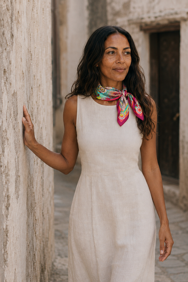 Flourish Multi Silk Scarf, 50 × 50 cm, worn as a neckerchief in Lamu