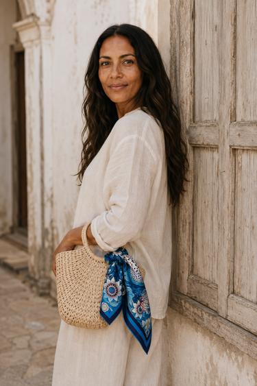 Flourish Teal Silk Scarf, 50 × 50 cm, tied to a handbag in Lamu