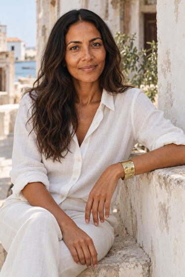 Model wearing a hammered brass cuff on her left wrist.