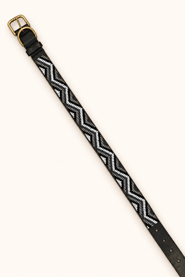 Busia - Black, White & Silver Dog Collar, flat lay showing beadwork and leather