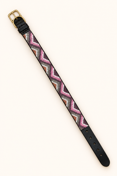Busia - Pink, Purple & Silver Dog Collar, flat lay showing beadwork and leather