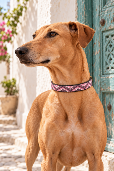 Busia - Pink, Purple & Silver Dog Collar worn by a tan dog in Lamu