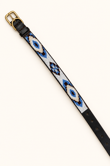 Eldoret Dog Collar, flat lay showing beadwork and leather