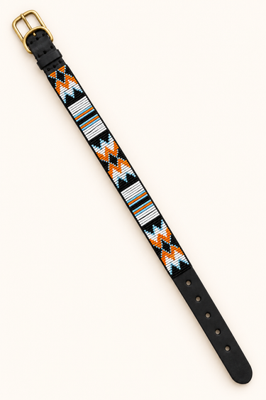 Kikuyu - White, Orange & Black Dog Collar, flat lay showing beadwork and leather