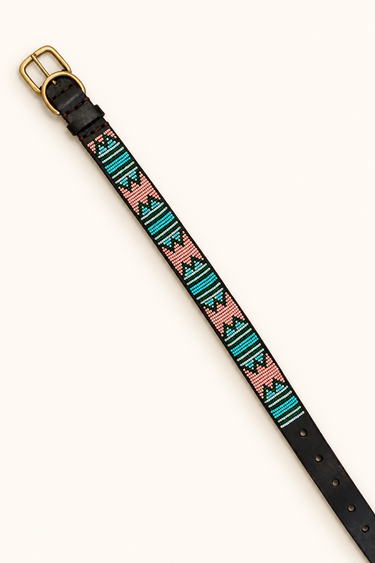 Kilifi - Pink & Turquoise Dog Collar, flat lay showing beadwork and leather