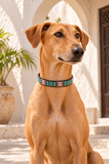Kilifi - Pink & Turquoise Dog Collar worn by a tan dog in Lamu