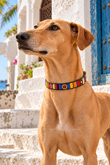 Kisumu Dog Collar worn by a tan dog in Lamu