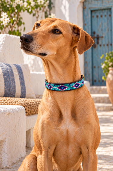 Kitui Dog Collar worn by a tan dog in Lamu