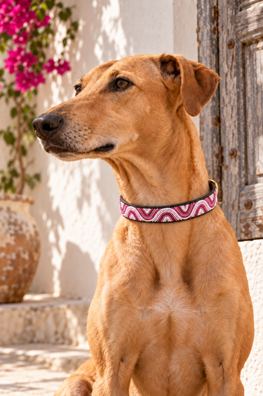 Nairobi - Pink Dog Collar worn by a tan dog in Lamu